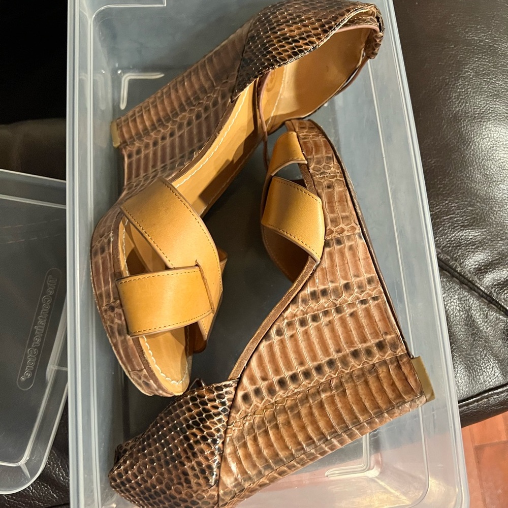 Tory Burch Brown and Tan Wedge Sandals with Textured Heel